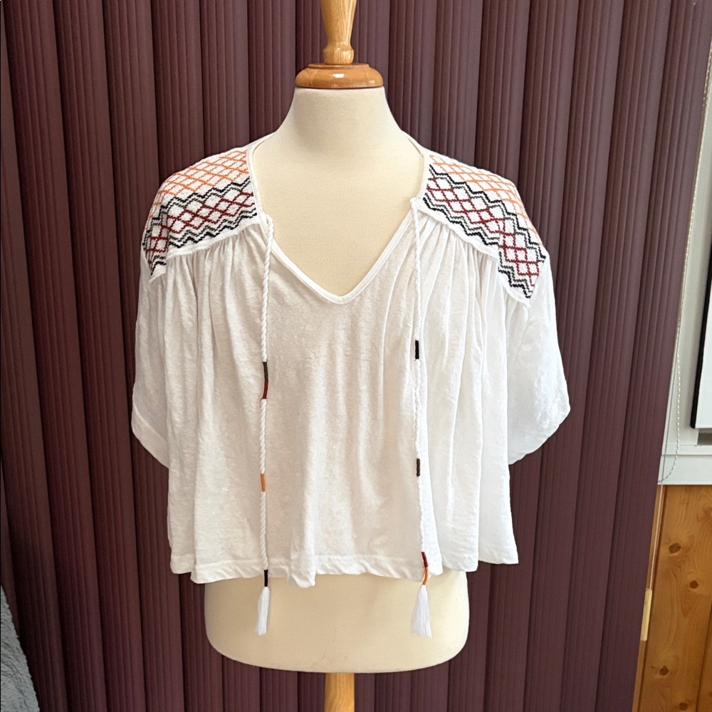 Free People White Cropped Embroidered Peasant Top